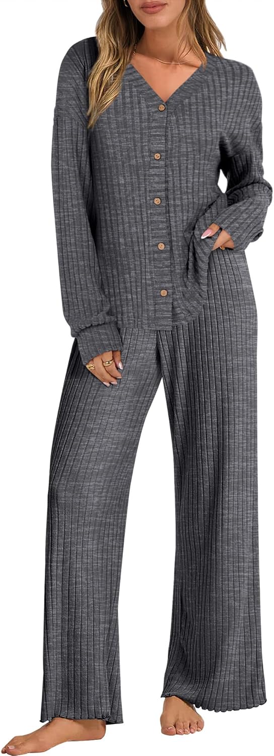 ANRABESS Women's 2 Piece Lounge Pajama Sets Ribbed Long Sleeve Button Top Matching Pants Sleepwear PJ Set 2025 Fall Outfits