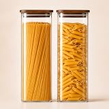 QuaLife Set di 2 barattoli di conservazione (2200 ml) con coperchio in legno - Contenitori ermetici in vetro borosilicato - Barattoli impilabili in vetro - Contenitore quadrato per spaghetti, cereali - 1