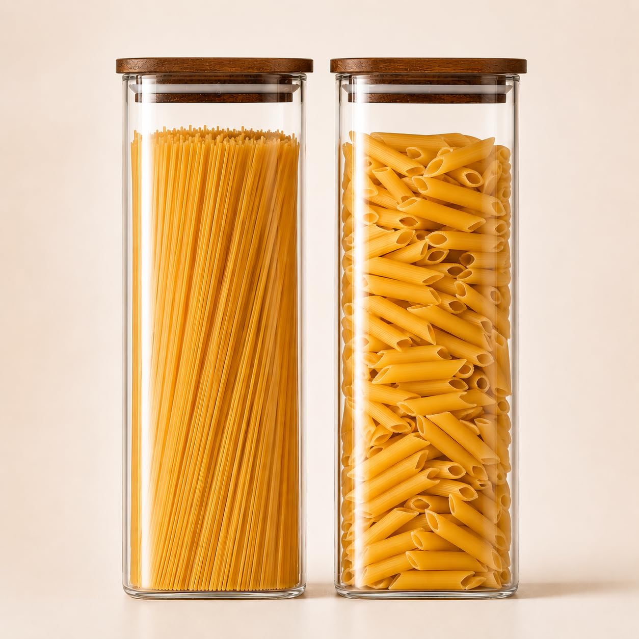QuaLife Set di 2 barattoli di conservazione (2200 ml) con coperchio in legno - Contenitori ermetici in vetro borosilicato - Barattoli impilabili in vetro - Contenitore quadrato per spaghetti, cereali