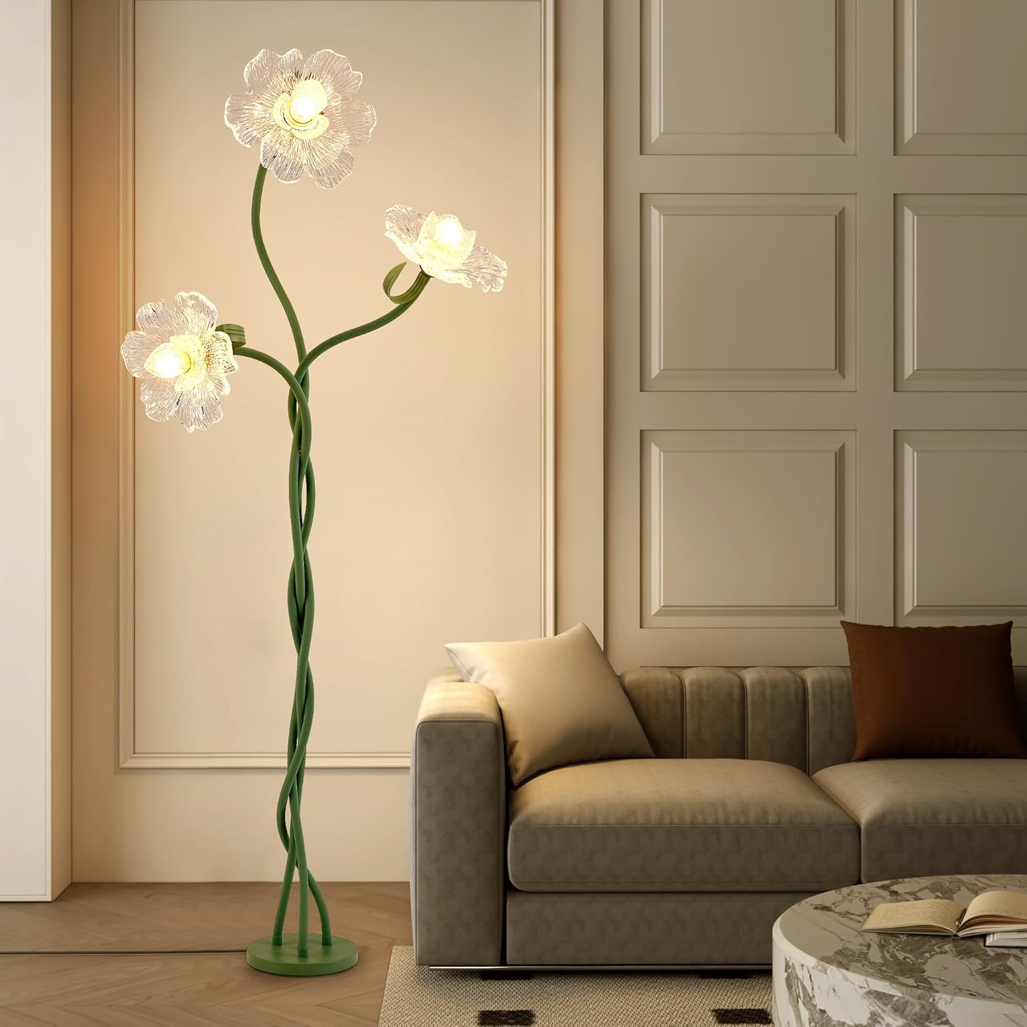 Flower Floor Lamp for Living Room, 3 Light Floor Lamps with Adjustable Gooseneck, Standing Lamp for Bedroom with 3 Color Temperatures, Tall Corner Floor Lamp for Living Room, Bedroom—Green