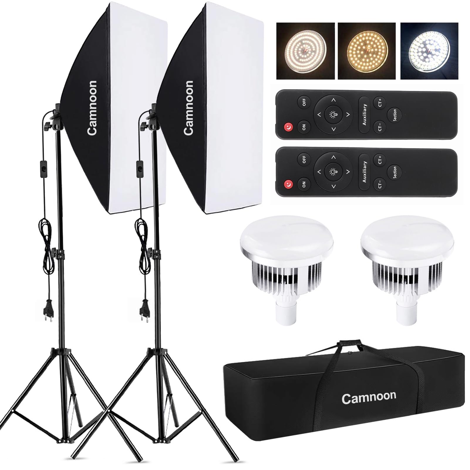 Softbox Fotografico Set, Camnoon Luci Set Studio Fotografico con 2x85W 3000K-6000K Luce LED a Temperatura Bi-colore, 2x50x70cm Softbox, 2x2M Stand per Luce, Borsa da Trasporto, per Ritratti/Video