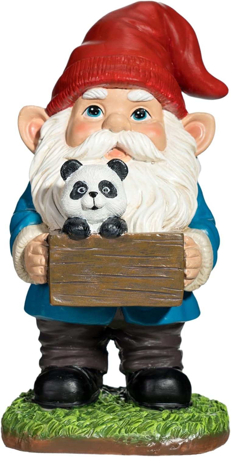 Panda Gnome Garden Statue - 9 Inch Funny Outdoor Gnomes with Wooden Sign - Weather Resistant Yard and Home Decor - Unique Gift for Women, Men, Present for Christmas & Garden Enthusiasts