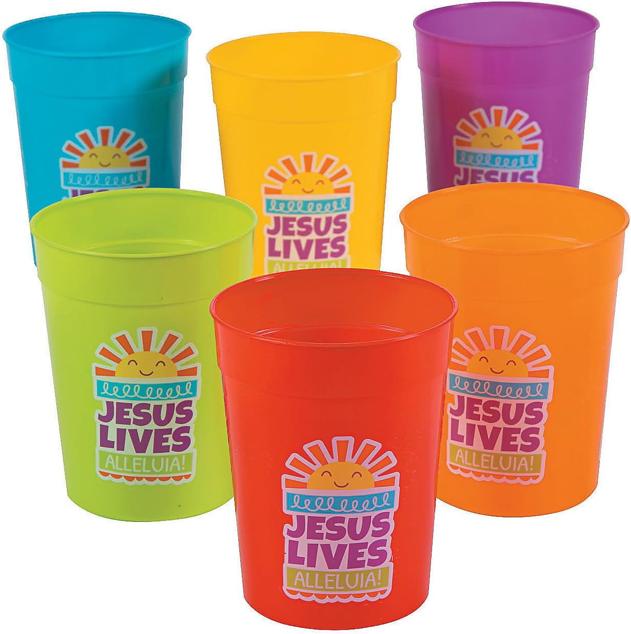 Fun Express12 Pieces JESUS LIVES Plastic Cups for Easter - 10 Ounce, BPA Free Plastic, Drinkware, Reusable for Easter Party Supplies, Multi-Color