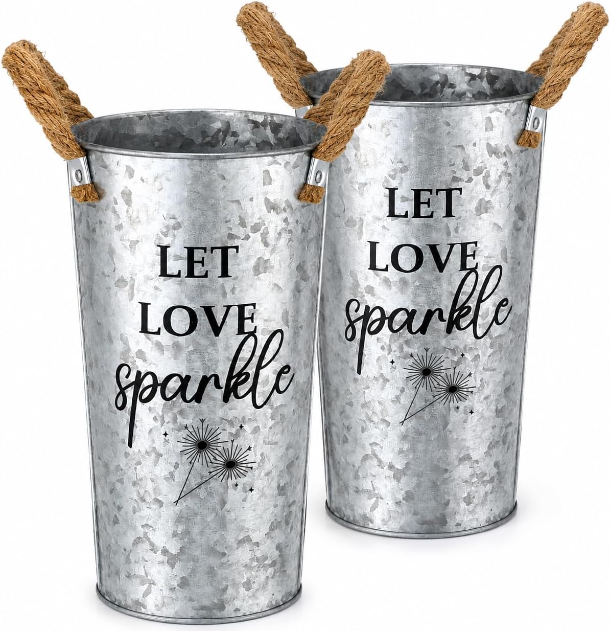 2 Pack Wedding Send Off Buckets, Galvanized Metal Display Pails for Ceremony Exit, Reception Table Decor, Anniversary, Engagement, Bridal Shower, Party Favor Holder, 9.8 x 5.1 Inch