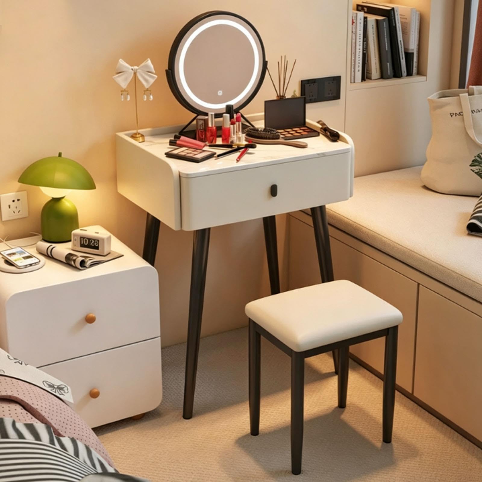 Tavolo Trucco Stile Italiano con Specchio e Sgabello, Piano in Pietra