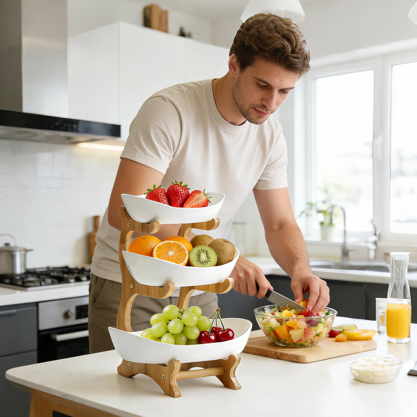 Plastica a 3 Livelli Piano, Portafrutta a Ripiani con Supporto Telaio in Legno Naturale, Porta Frutta da Tavolo Verdura per Cibo, Verdure, Torte