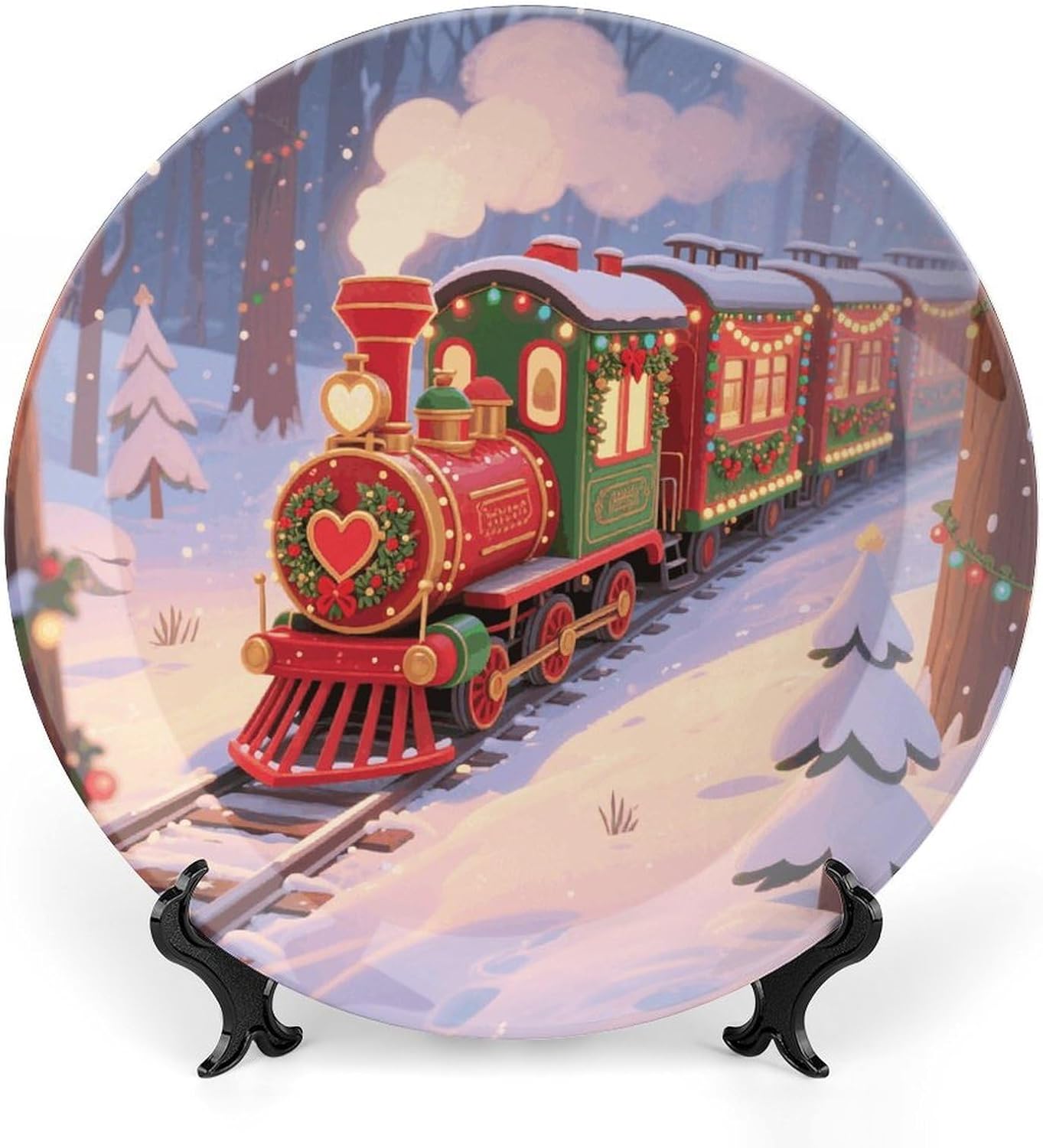 Christmas Train Decorative Plates Bone China Plates with Stand for Display 10inch Round Ceramic Dinner Plates Dessert Plate for Kitchen Party Coffee Table Decor Art