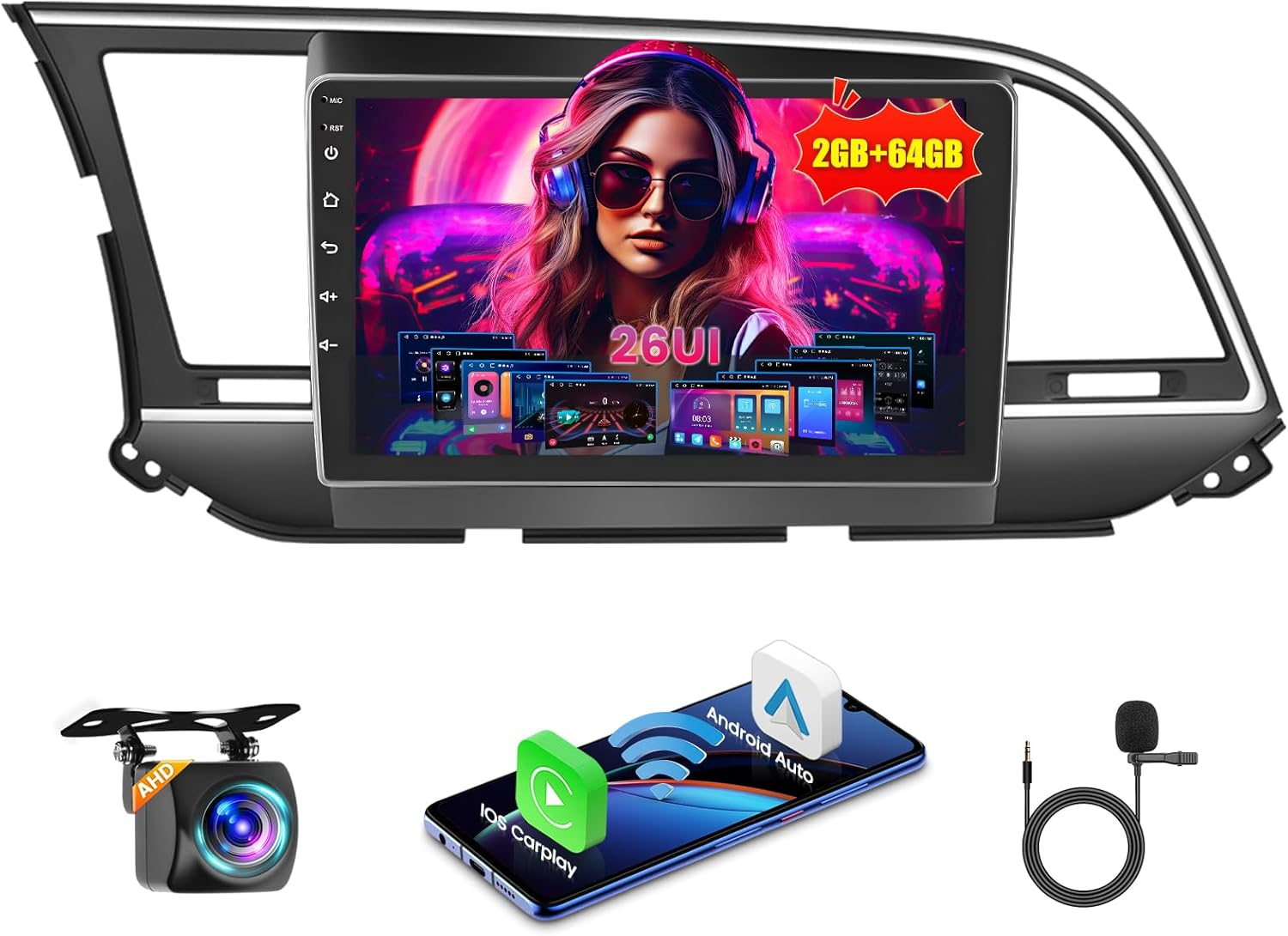 [2G+64G] Android 15 Car Stereo for Hyundai Elantra 2015-2018 with Wireless Carplay Android Auto, 9 Inch HD Touchscreen Car Radio with GPS WiFi Bluetooth FM/RDS EQ SWC 26UI Backup Camera MIC
