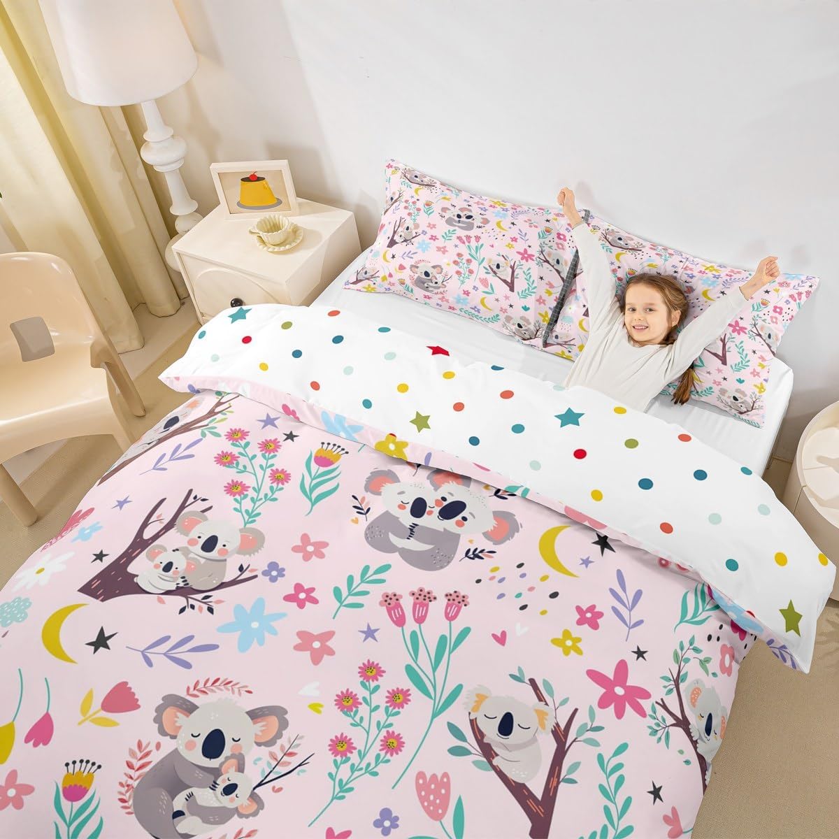 Erosebridal Floral Koala Girls Duvet Cover Toddler for Kids Baby Pink Jungle Animal Comforter Cover Spring Botanical Cartoon Floral Flower Bedding Set Dreamy Fantasy Girly Preppy Cute Bed Set