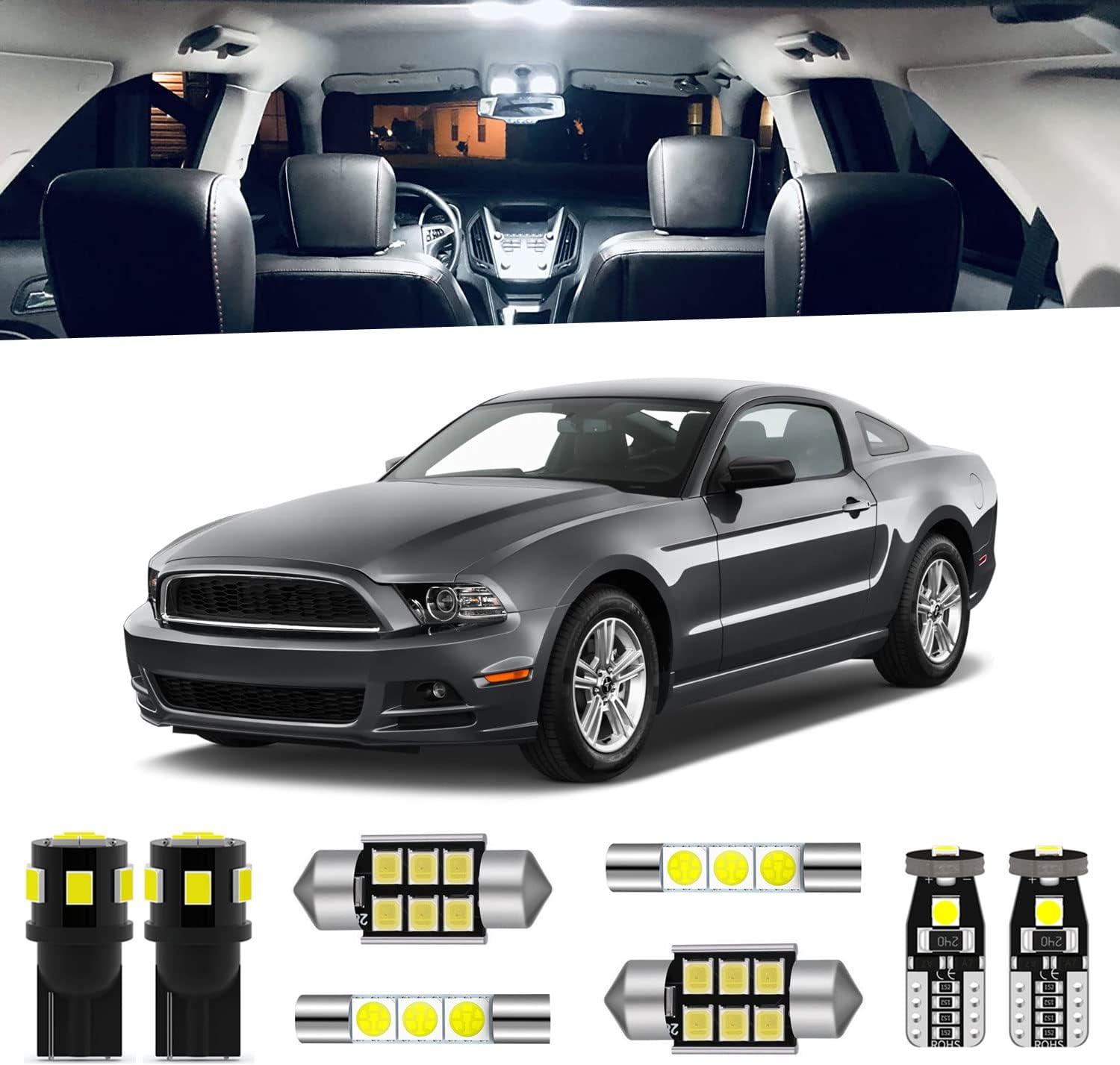 7-Pieces Mustang Interior LED Light Kit Compatible with Ford Mustang 2010 2011 2012 2013 2014 White 6000K Interior Map Vanity Mirror Trunk Package + License Plate Lights, Install Tool