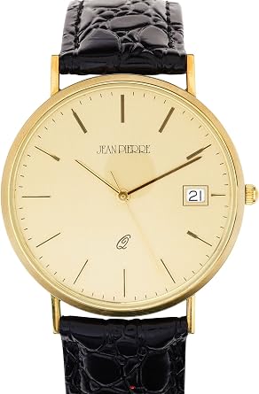 I LUV LTD 9ct Gold Gents Wristwatch Champagne Face with Date - Black Leather Strap - Box