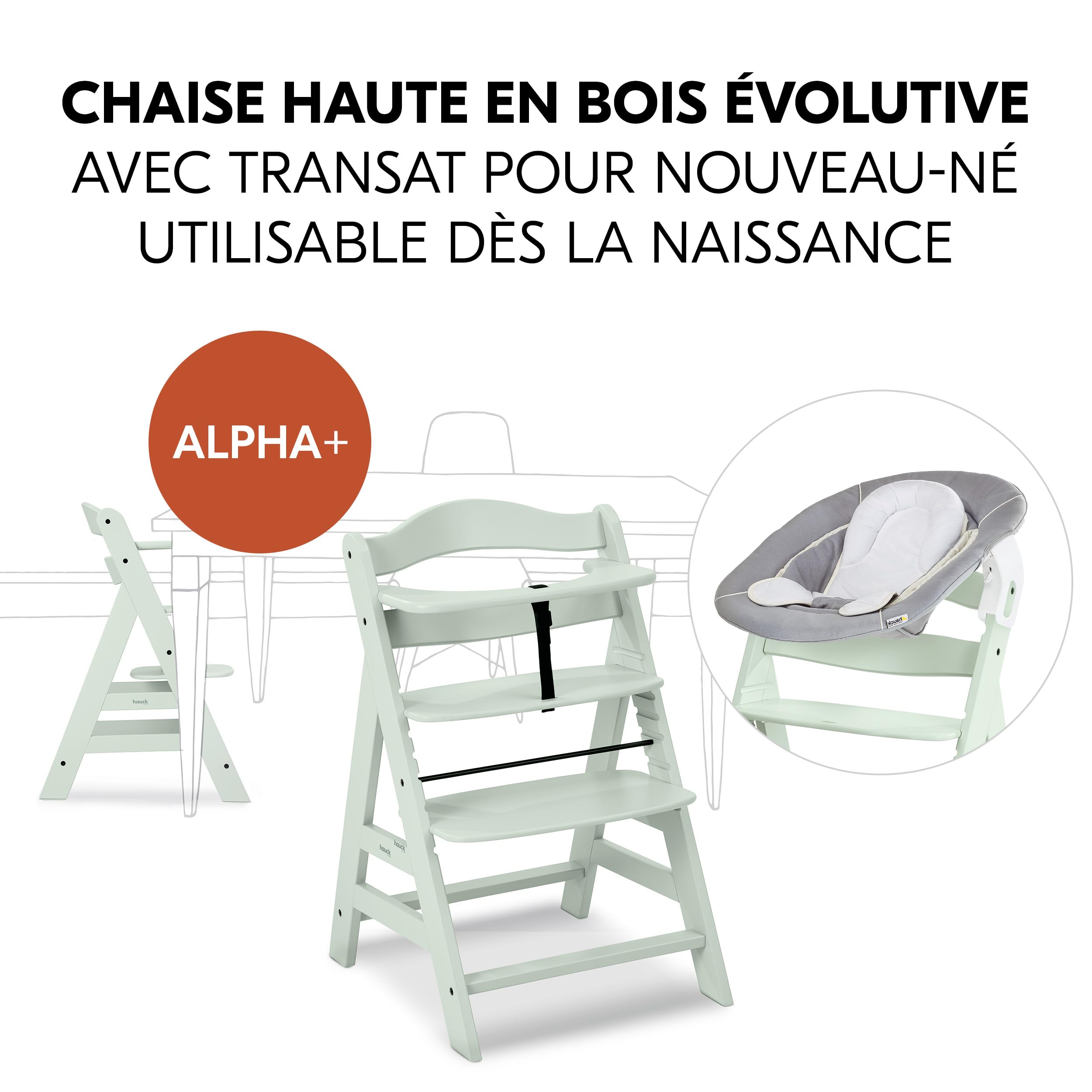 hauck Chaise Haute Bébé Évolutive Alpha Plus avec Insert Nouveau-né 2-en-1 – Utilisable dès la Naissance avec Réducteur Amovible et Coussin d’Assise Inclus, Idéal pour Repas - Menthe | Chaise haute en bois pour enfant de la naissance jusqu'à 90 kg - Avec