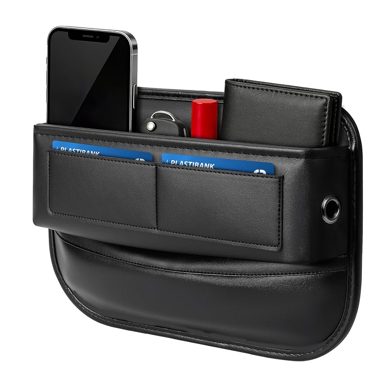 Yewltvep Organizador para Vão entre Banco e Console em Couro, com Porta-Cartões e Passagem para Cabos, Preto