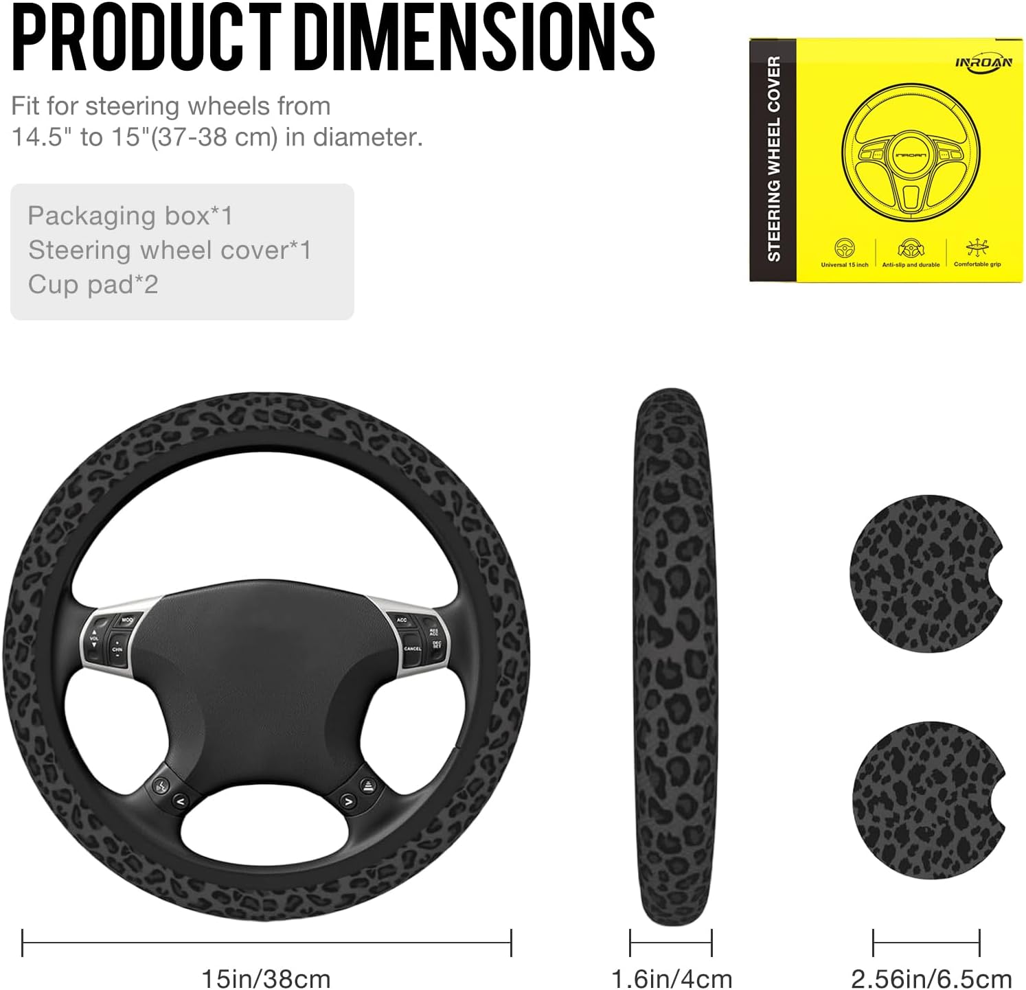Black Leopard Print Steering Wheel Cover for Women, Universal Fit 14.5-15 Inch with Non-Slip Grip and Thermal Control, Includes 2 Ceramic Absorbent Cup Coasters, Compatible with Cars, SUVs, Trucks. - Image 2