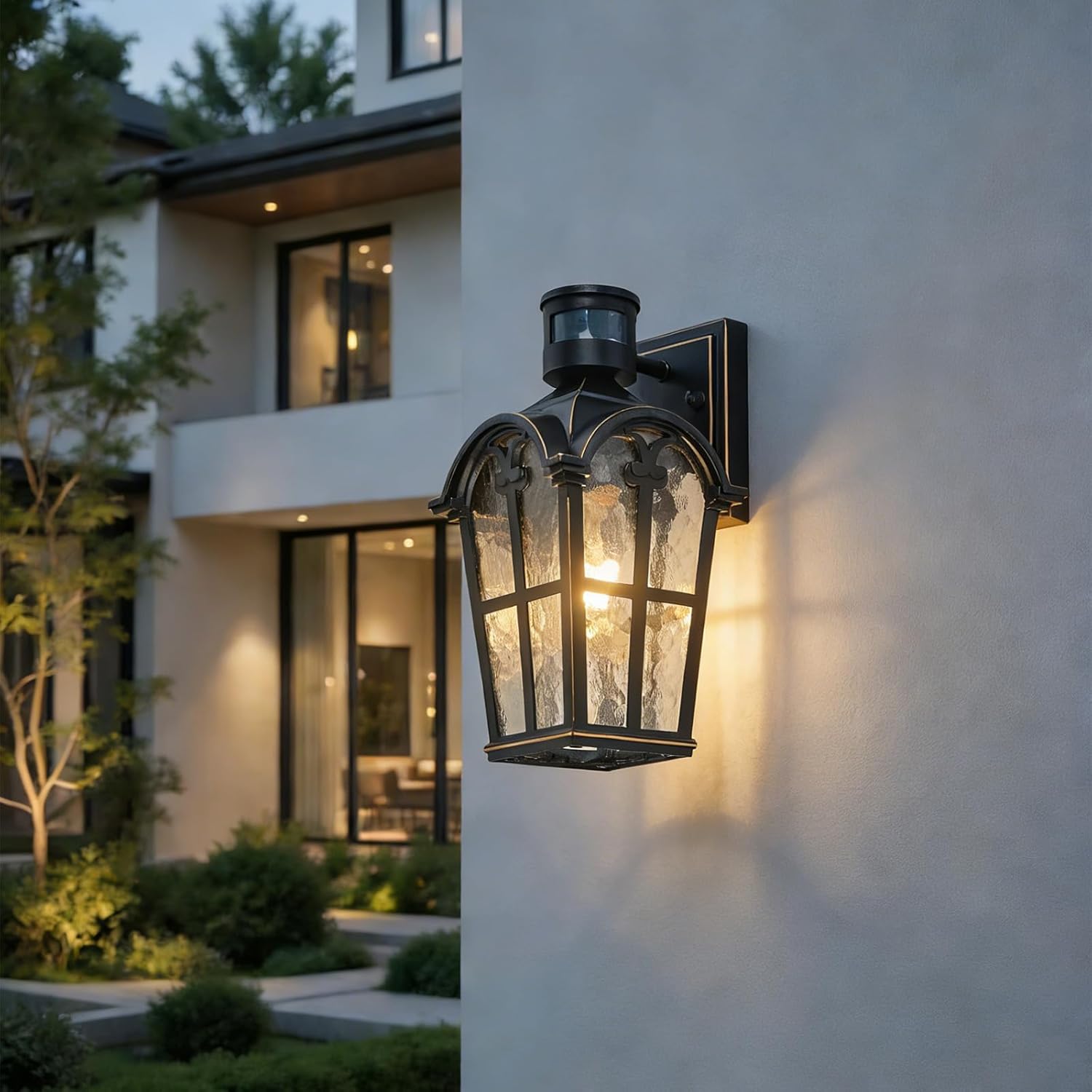 Motion Sensor Outdoor Indoor Lights, 12.6 inch Dusk to Dawn Outdoor Lighting, Water Ripple Glass Wall Light,Waterproof Outside Light for House Porch, Patio, Front Door, Garage,100W E26 Base