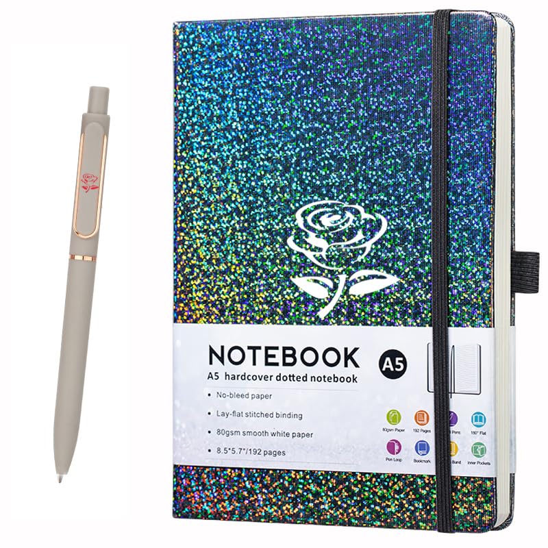 ZTUOK Glitter Laser A5 Notebook with Pen, Lined Journal A5 Notepad for Girls Women,Bling Diary with Rose Flower-Shaped College Ruled Hardcover Notebook for Work School, Note Taking, Business (Gray)