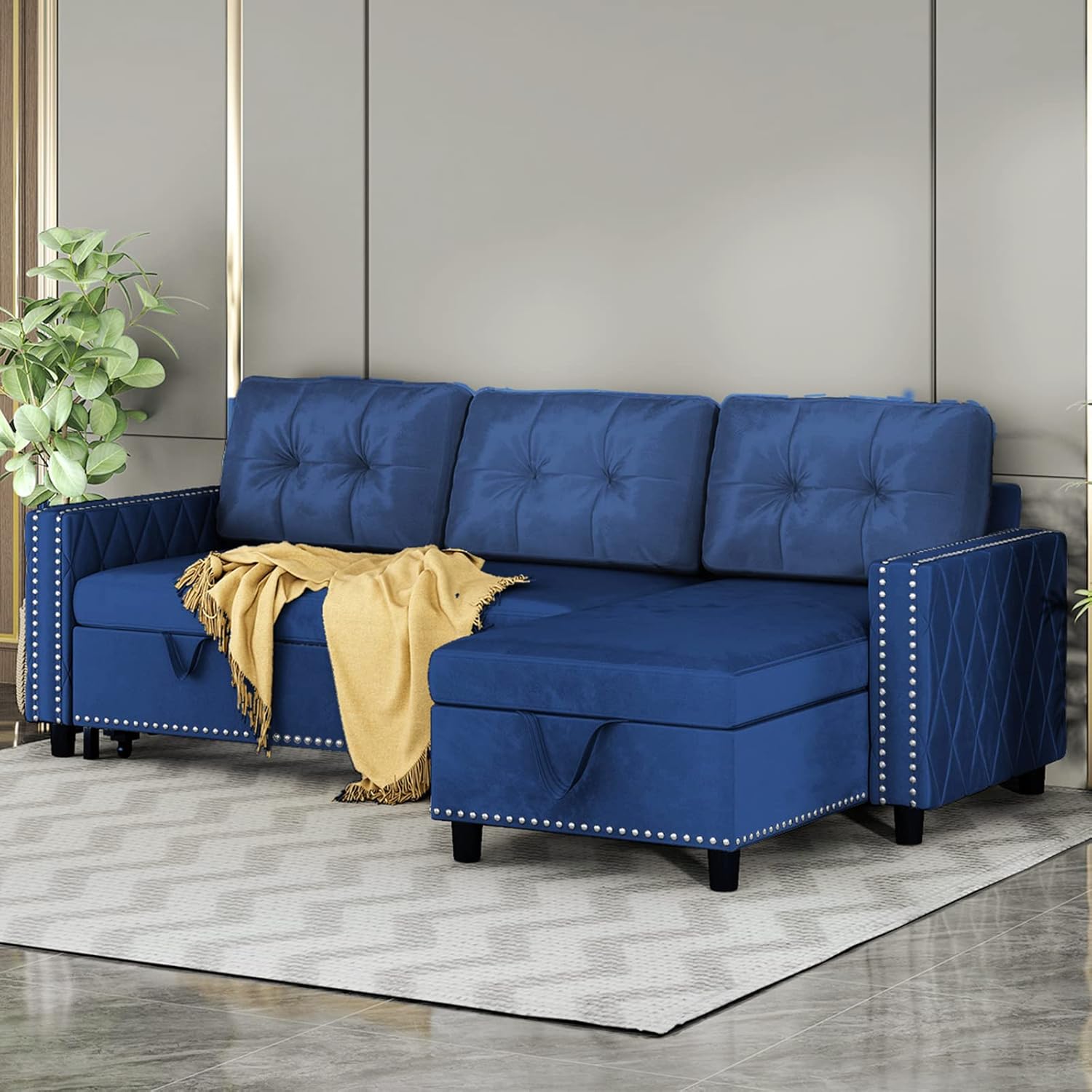 Buy Mjkone Velvet Reversible Sleeper Sofa with Large Storage Chaise, 3