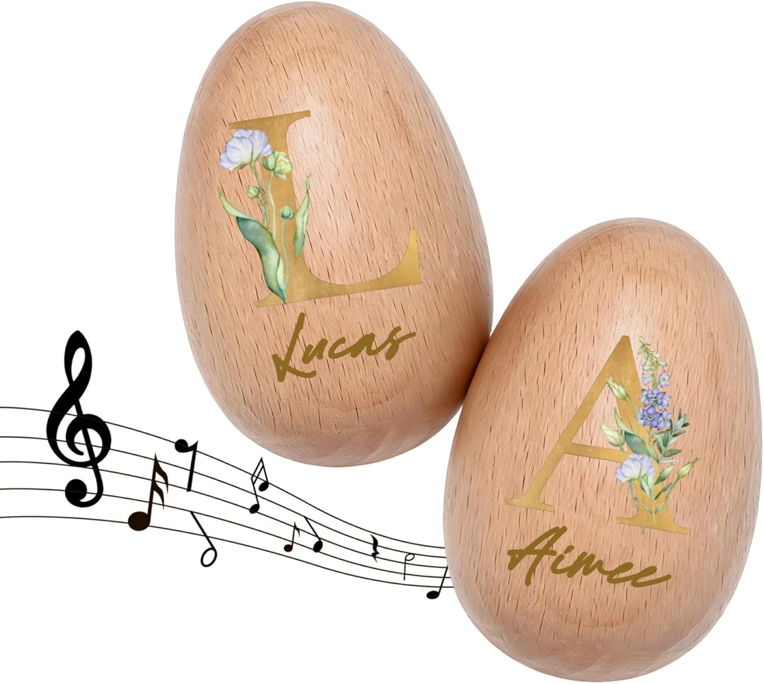 Custom Musical Easter Egg Shaker 2026, Personalized Easter Basket Stuffers Wooden Percussion Eggs with Name, First Easter Gifts for Baby, Egg Hunt Prize for Toddlers Girls Boys, Initial-2