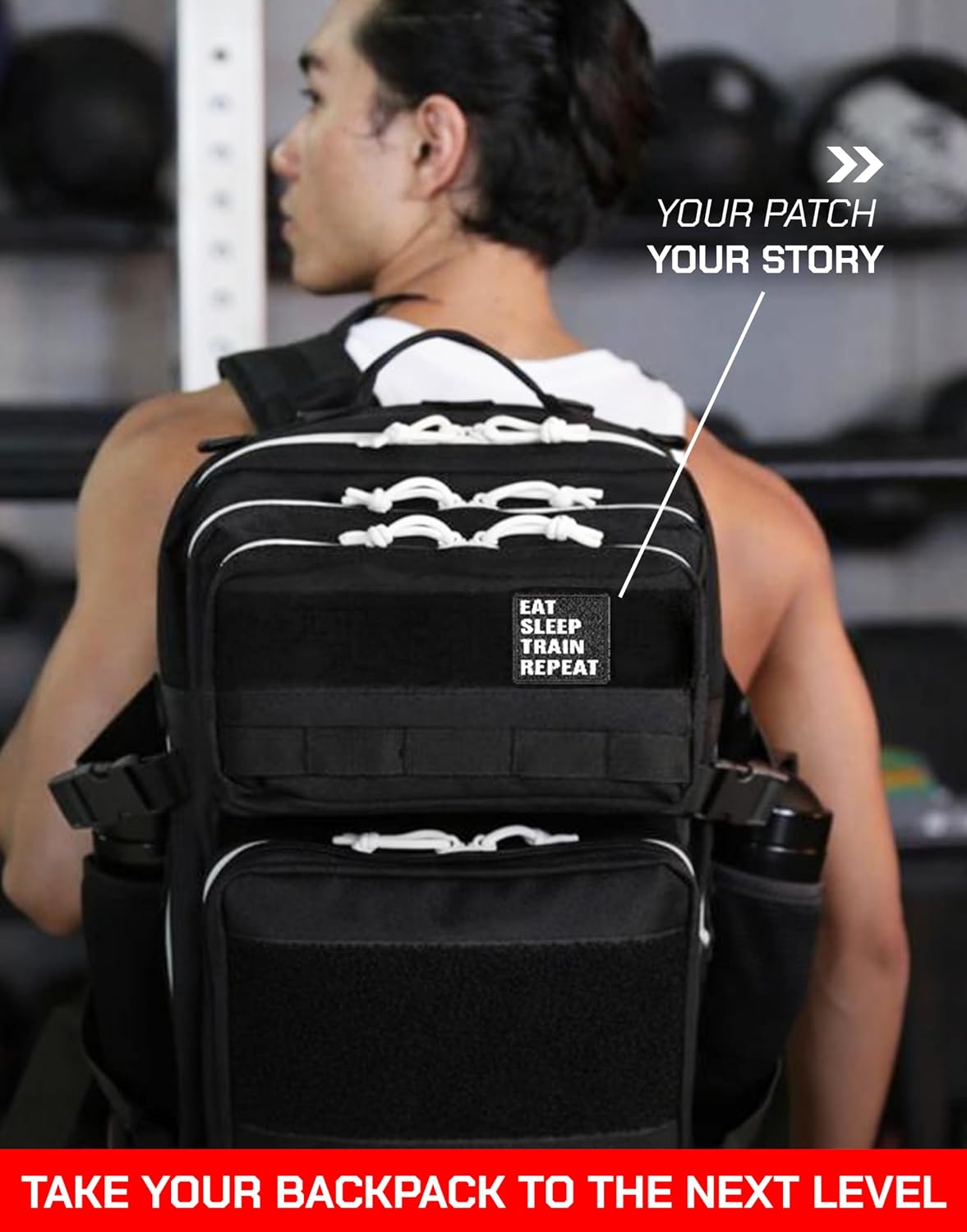 EAT Sleep Train Repeat Embroidered Hook & Loop Tactical Patch for Gym Backpack, Fitness Bag, Weightlifting & Cross Training (Black)