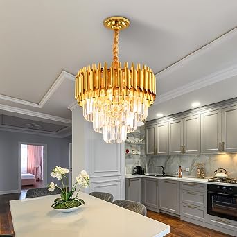 Gold Black Chandeliers Modern 3-Tier Flush Mount Crystal Ceiling Light Raindrop Crystal Pendant Light Fixture for Dining Room Living Room E14*5 Bulb (Excluding Bulbs) [Energy Class B]