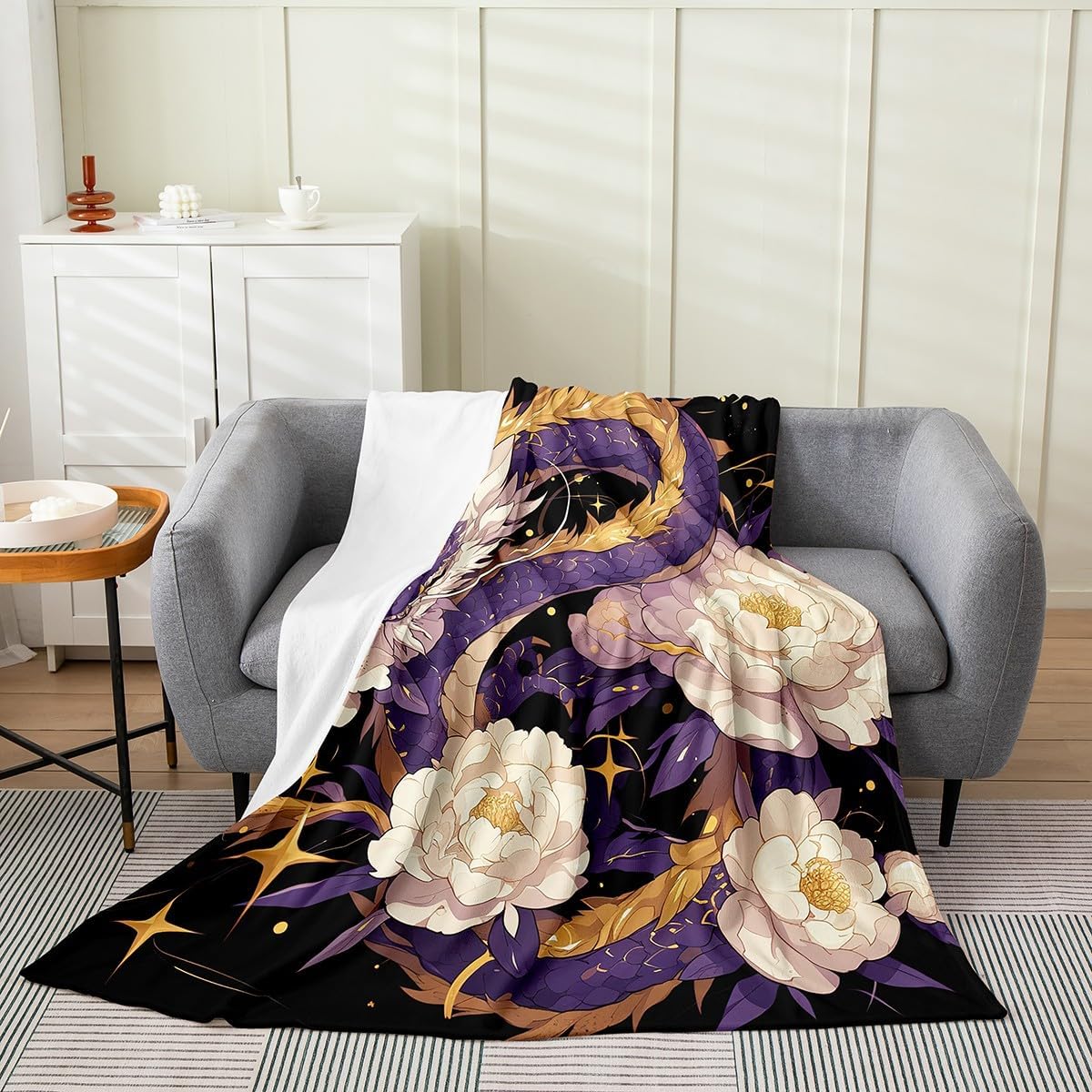 Chinese Purple Dragon Fleece Blanket,Ancient Animal Retro Tribal Dragon Bed Blanket for Kids Teens,White Flowers Starry Golden Glitter Flannel Blanket for Room Decor,Queen 90"x90"