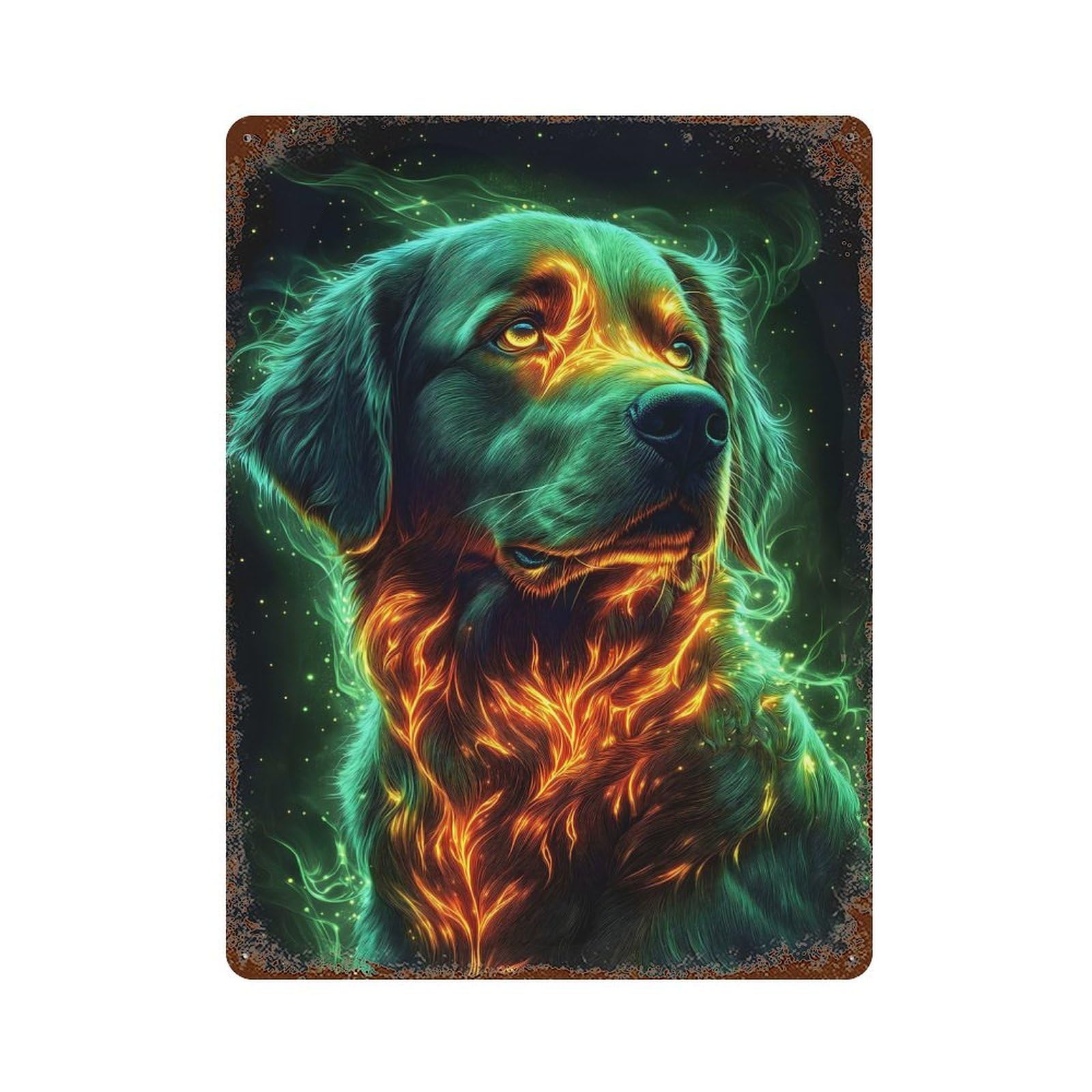 Rust Effect Retriever Dog in Flames Animal Decorative Tin Sign 15.7"x11.8", Farmhouse Wall Decor for Patio, Garden Room And Bar Decor