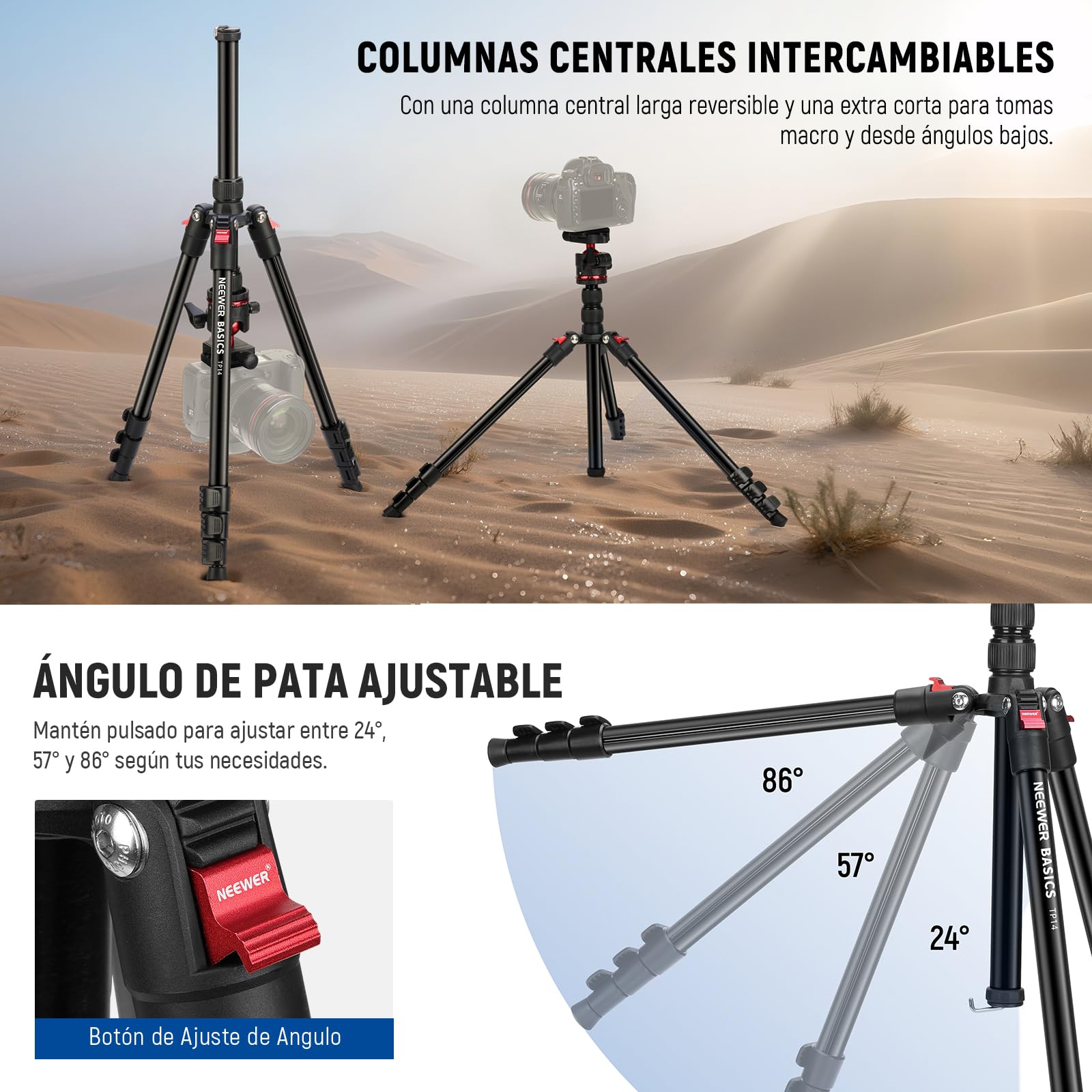 NEEWER Basics Trípode Viaje Travel Tripod para Cámara, 72" 183cm Compacto Ligero Portátil DSLR Soporte Rótula, Arca QR Placa, Soporte Móvil Compatible con iPhone Grabación Vídeo, Carga Máx 6kg, TP14