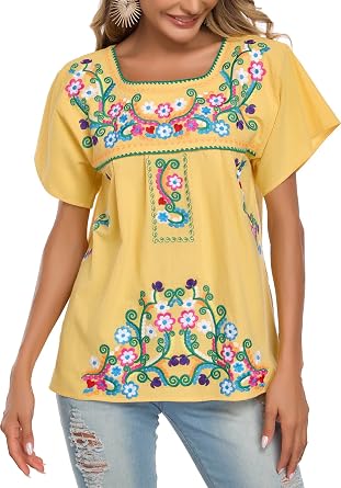 YZXDORWJ Womens Embroidered Tops Mexican Peasant Blouse Cotton Boho Tunic