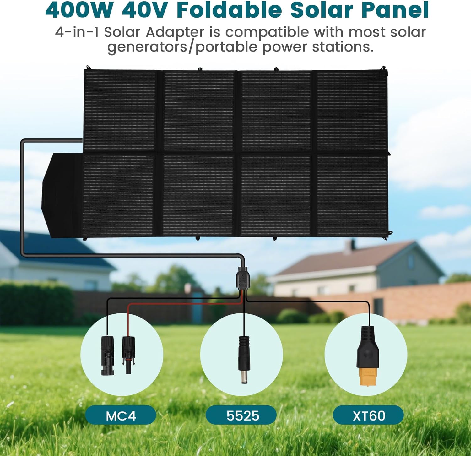 400W Portable Solar Panel, with 4-in-1 Connector and MC4 Output, IP65 Waterproof with Adjustable Stand, 400W Foldable Solar Panel for Power Station, RV, Off Grid Blackouts, 23% High Efficiency