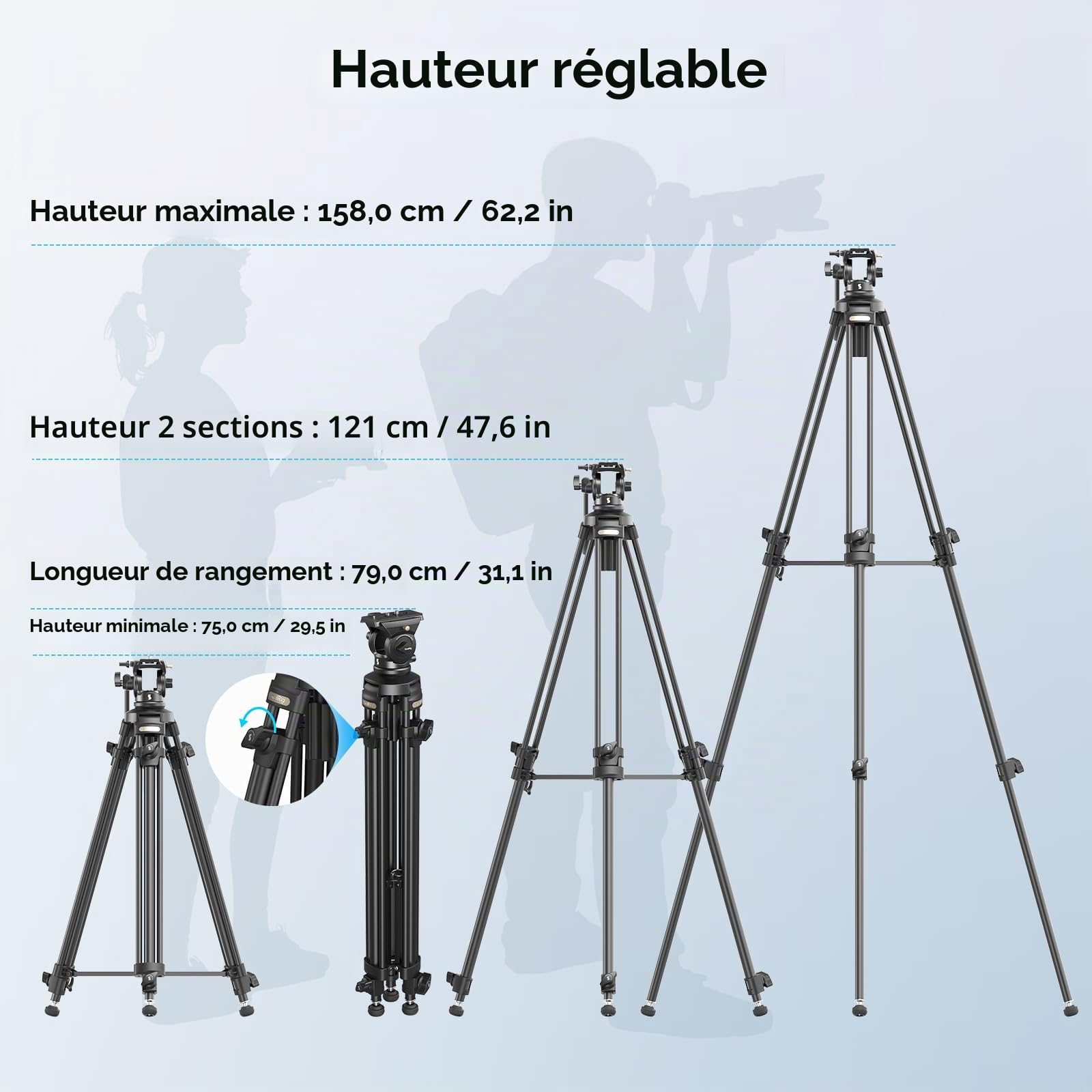 SMALLRIG Trépied Vidéo Léger avec Tête Fluide à 360°, 158cm Camera Tripod en Alliage d'Aluminium avec Plaque QR, Cordon de Serrage à Action Rapide Monté au Centre, Charge Jusqu'à 5kg, AD-50Lite - 4684
