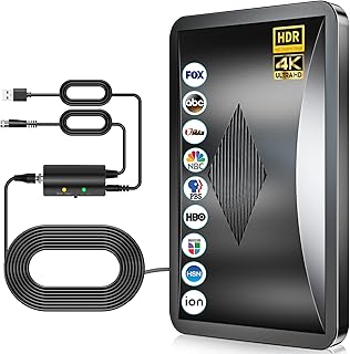 Antenna TV Interna 600KM+, Antenna TV da Interno con Amplificatore di Segnale Ultra Potente, 360° Ricezione Canali Locali HD, Compatibile con Tutti i TVs Supporta 8K, 4K, 1080P -Cavo Coassiale 10M