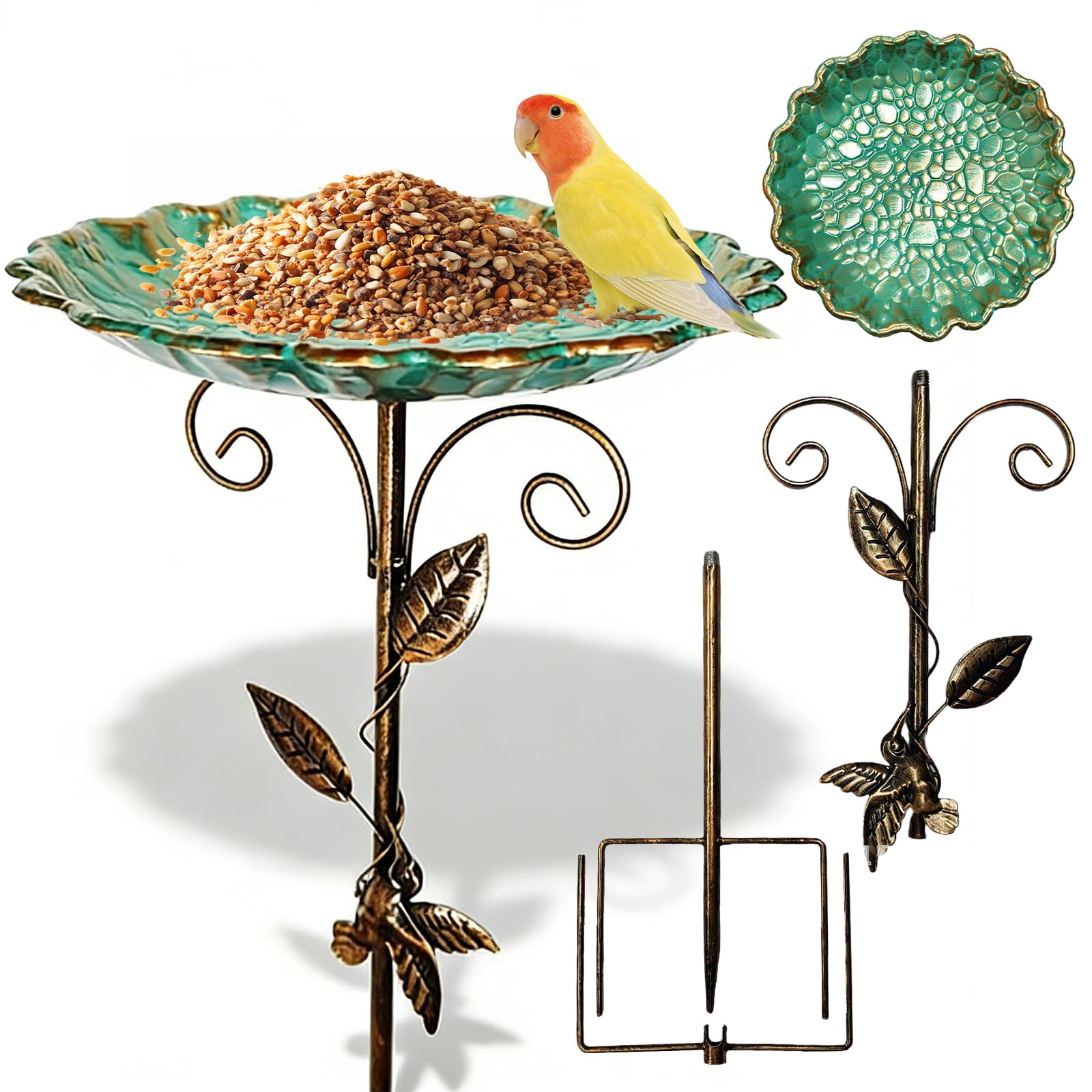 GOMETY Bebedero para pájaros de pie, para jardín, resistente al invierno, de metal, resistente a las heladas, para exteriores, 2 en 1, bebedero para pájaros y comedero para aves silvestres, 77 cm