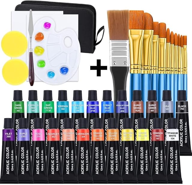 SUPERSUN 42 Pcs Acrylic Paint Set: 24 Colors Equipped with 10 Paint Brushes 2 Craft Sponges 2 Canvas 1 Thick Brush 1 Palette 1 Palette Knife Perfect for Beginner Professional Artist with Carry Bag