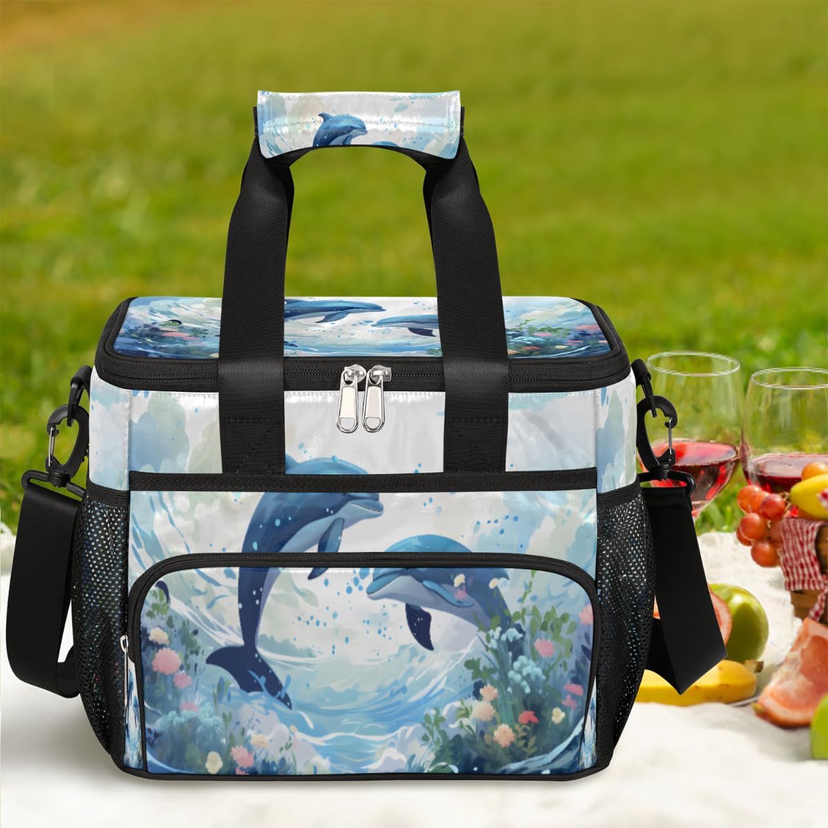 Ocean Underwater Insulated Picnic Backpack Lunch Box for Women Men Picnic Basket Tote Lunch Bag Picnic Bag Portable Lunch Bags for Picnic, Beach, Work, Trip,Office, Camp Blue Dolphin