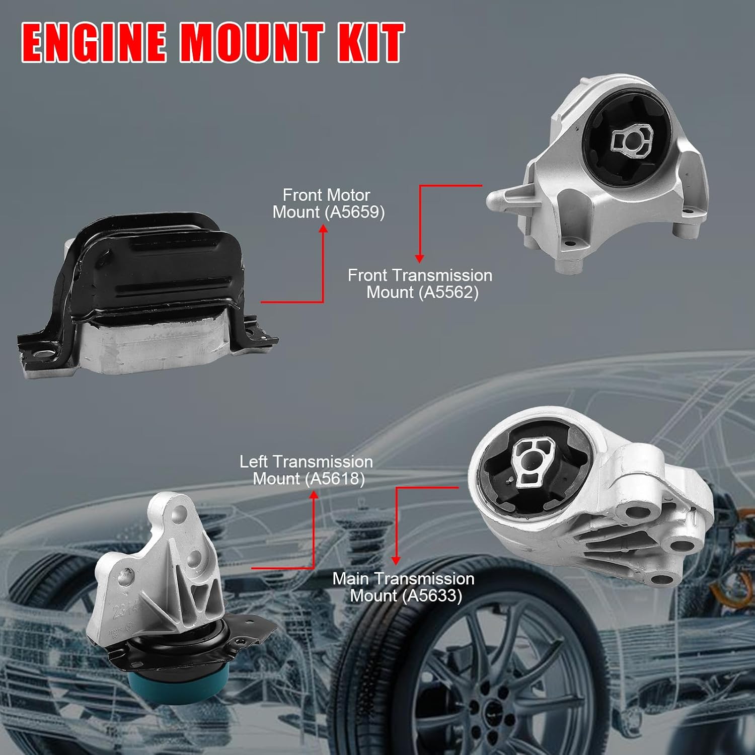 4PCS Engine Motor Transmission Mounts Set Replacement for 2010-2017 GMC Terrain, for Chevrolet Equinox, Captiva Sport 2.4L Auto Trans Replacement for A5618, A5562, A5633, A5659