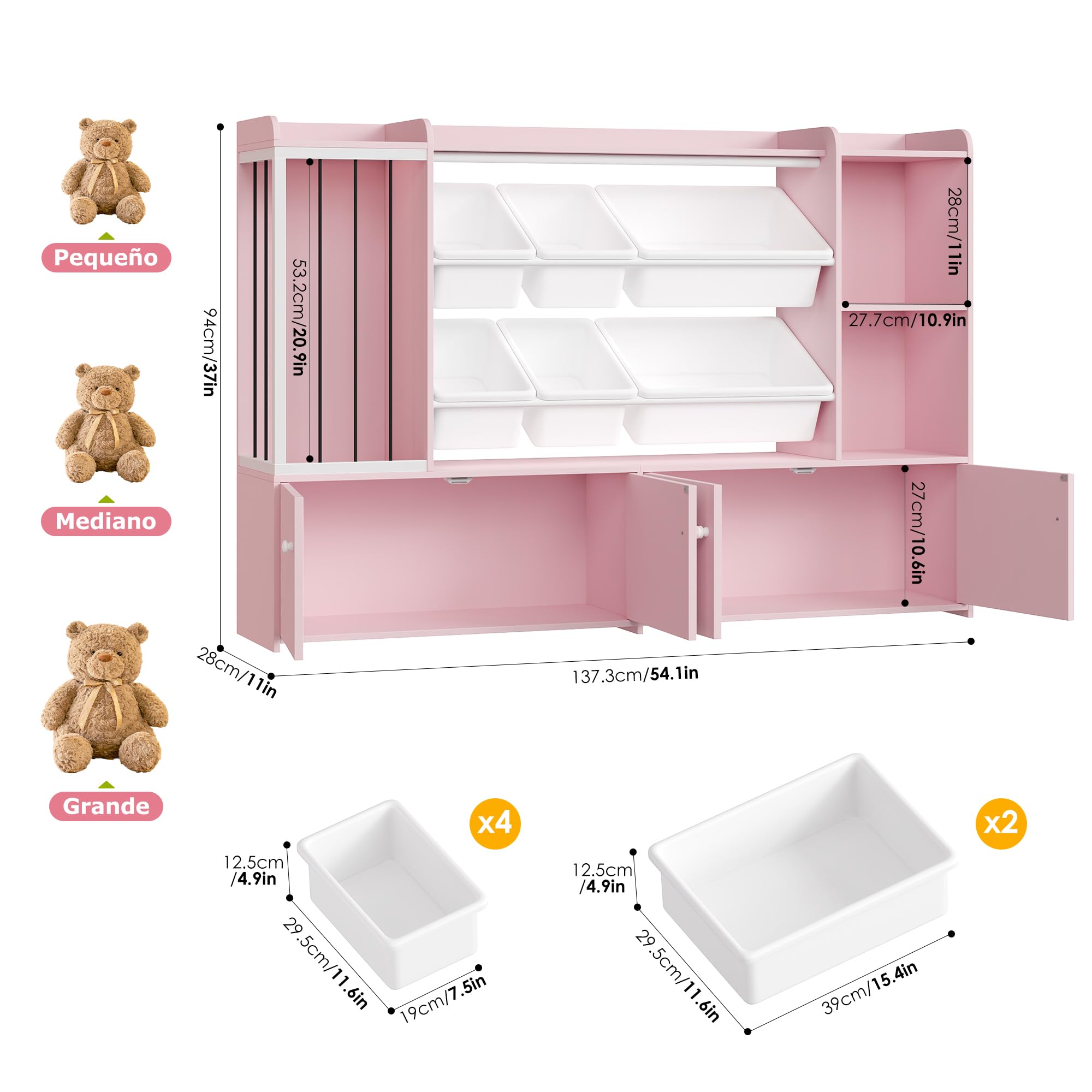 FOREHILL 137.3cm Mueble Juguetes Organizador, Organizador Peluches, Rosa | Libreria Infantil, 6 Cajas Extraíbles, Mueble Almacenaje Juguetes, Estanteria Infantil, Armario de 4 Puertas, 137.3x28x94cm