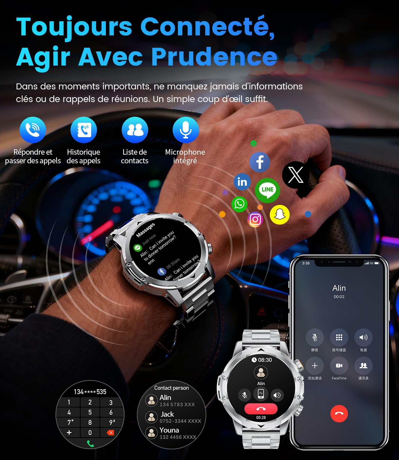 Montre Connectée Homme avec 1000mAh/3 Bracelets/1,53'' HD Grand Écran/LED Lampe,Smartwatch Homme avec Moniteur de Fréquence Cardiaque et Sommeil/110+ Modes Sportifs, Android iOS, Argenté