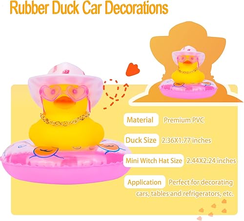 Miniatura 5 de MuMyer Adornos de pato amarillo para automóvil, decoración de tablero de automóvil con gafas de amor, mini anillo de natación, sombrero de sol,