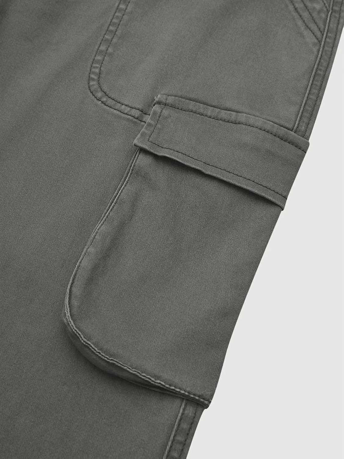 Flamingals Wide Straight Leg Cargo Pants for Women Mid Waist High Stretchy Vintage Solid Multi Flap Pocket Long Work Pants