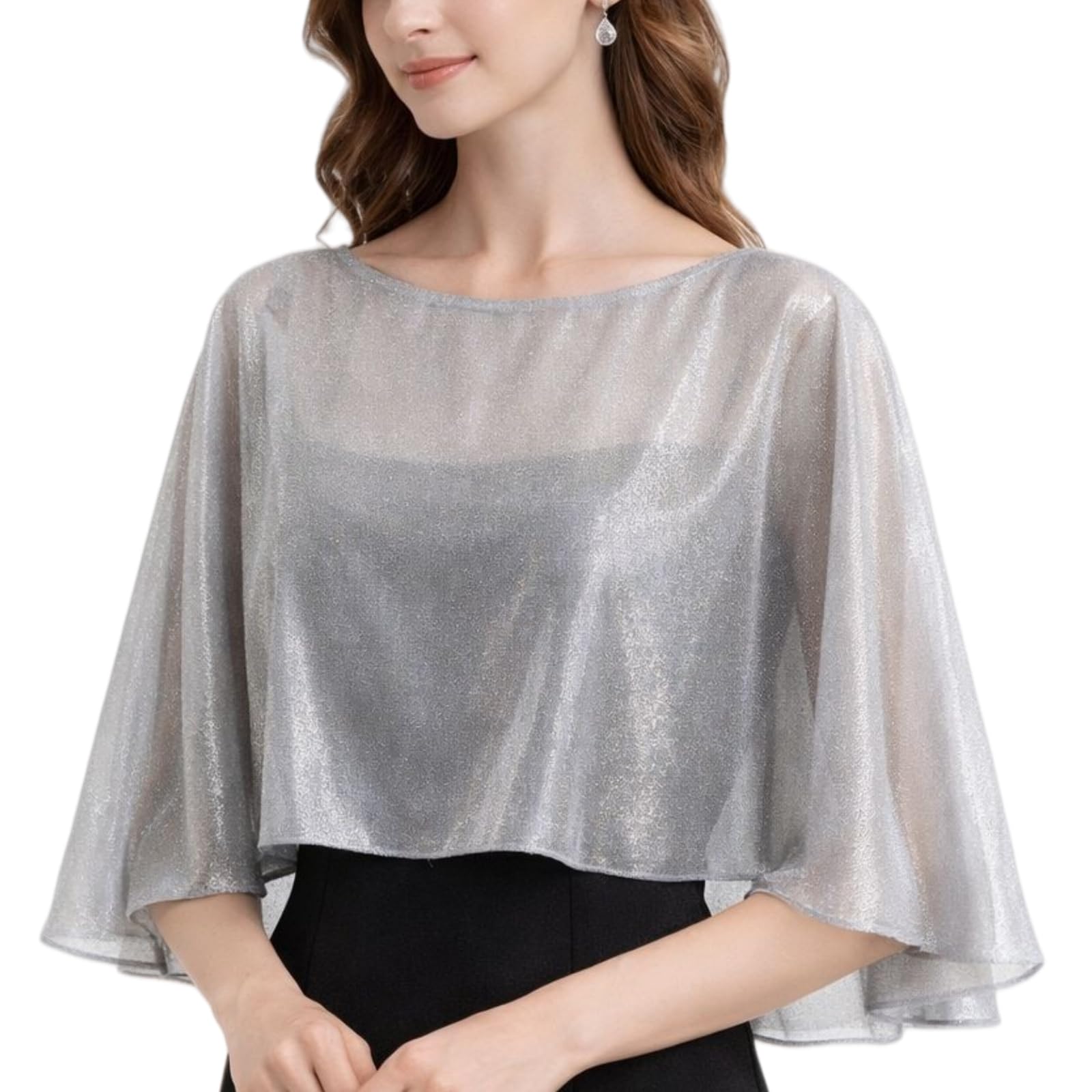 TouKingda Women Shiny Cape Shawl, Solid Color Sparkly Evening Dress Capelet Sheer Mesh Shawl Wrap Bolero Shrug Shoulder Cover Up for Wedding Party Casual Sun Protection Short Coat (Silver)