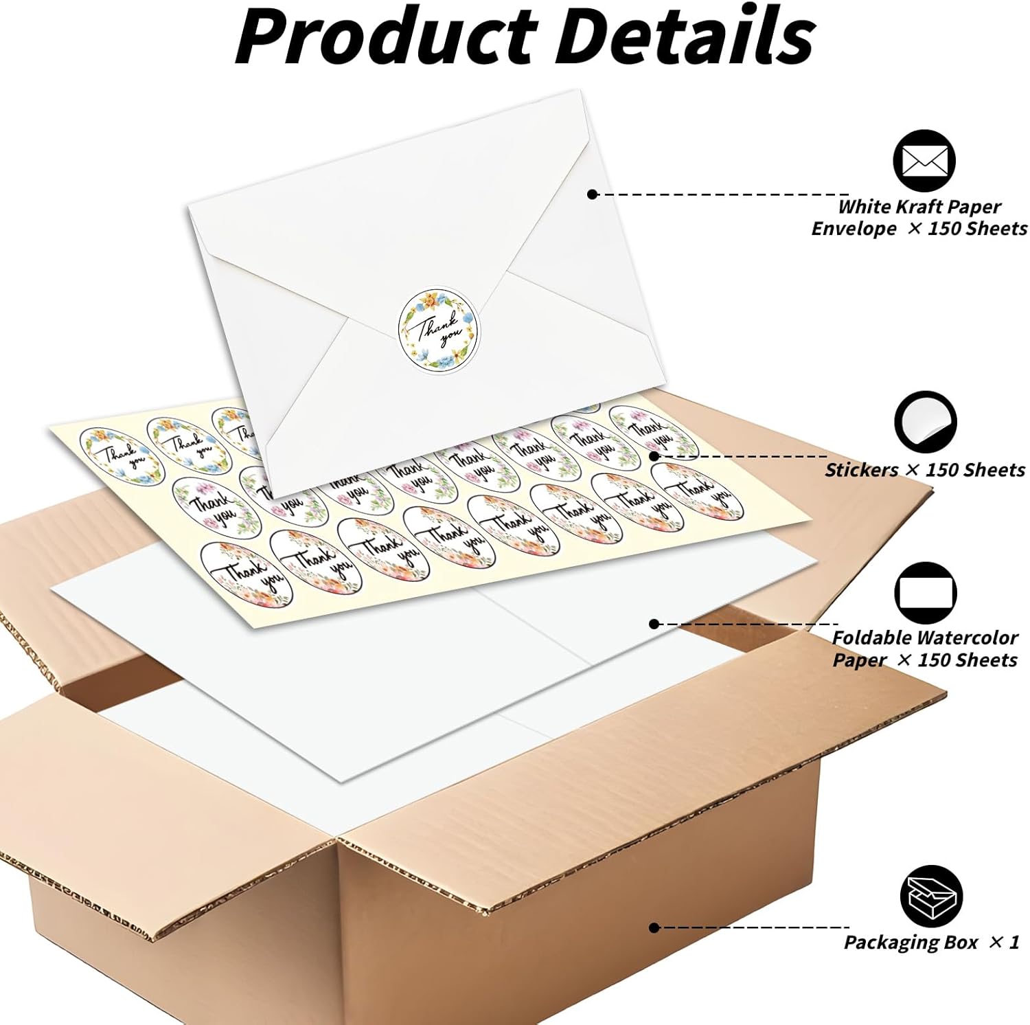 UZLU 150 Pack Watercolor Cards with Envelopes and Stickers, 5x7 Inches Watercolor Paper Cards, 140lb/300GSM Foldable Watercolor Postcards with Envelopes for Birthday Wedding Christmas New Year