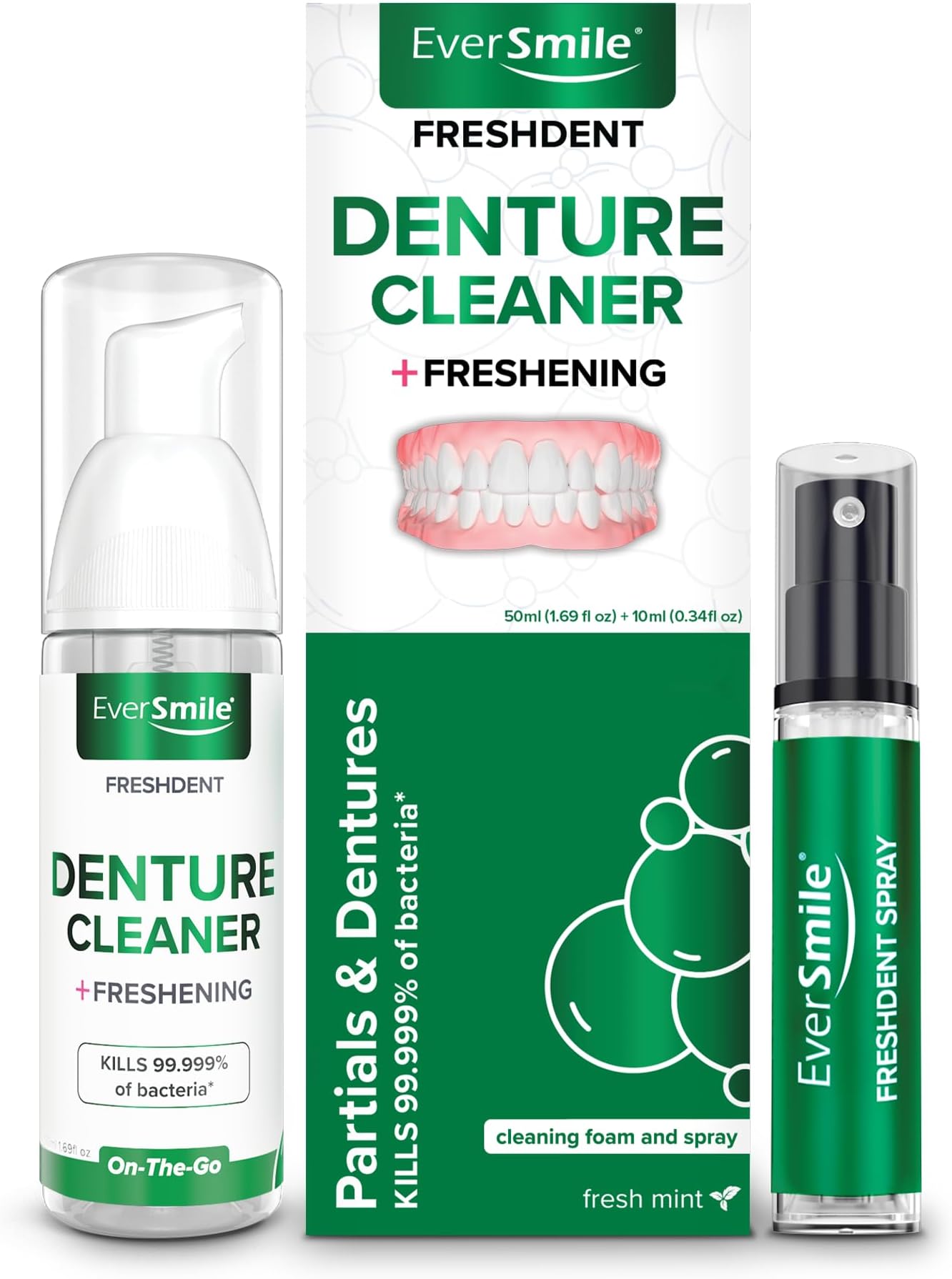 FreshDent Denture and Partial Denture Cleaner + Teeth Whitening Spray – Travel Size Alternative to Cleaning Tablets That Eliminates Bacteria and Fights Bad Breath – 50ml + 10ml Pack