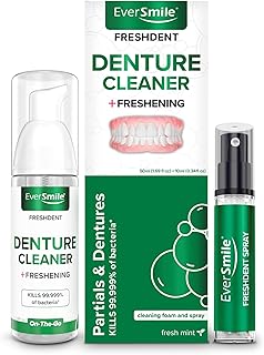EverSmile FreshDent Denture and Partial Denture Cleaner + Teeth Whitening Spray – Travel Size Alternative to Cleaning Tablets That Eliminates Bacteria and Fights Bad Breath – 50ml + 10ml Pack