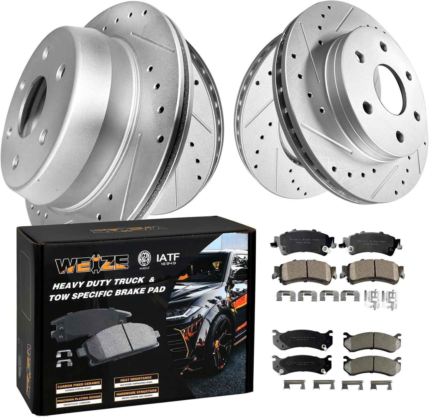 WEIZE Front and Rear Truck Brake Rotors Pads Kit, Carbon Fiber Ceramic Pads + Drilled Brake Discs, Fit for Chevy Silverado 1500 Tahoe Astro/GMC Sierra Yukon, Only for Single Piston Rear Calipers
