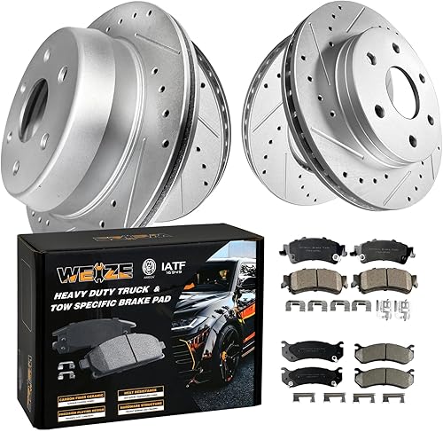 WEIZE Kit de pastillas de freno delantero y trasero, pastillas de cerámica de fibra de carbono + discos de freno perforados, apto para Chevy