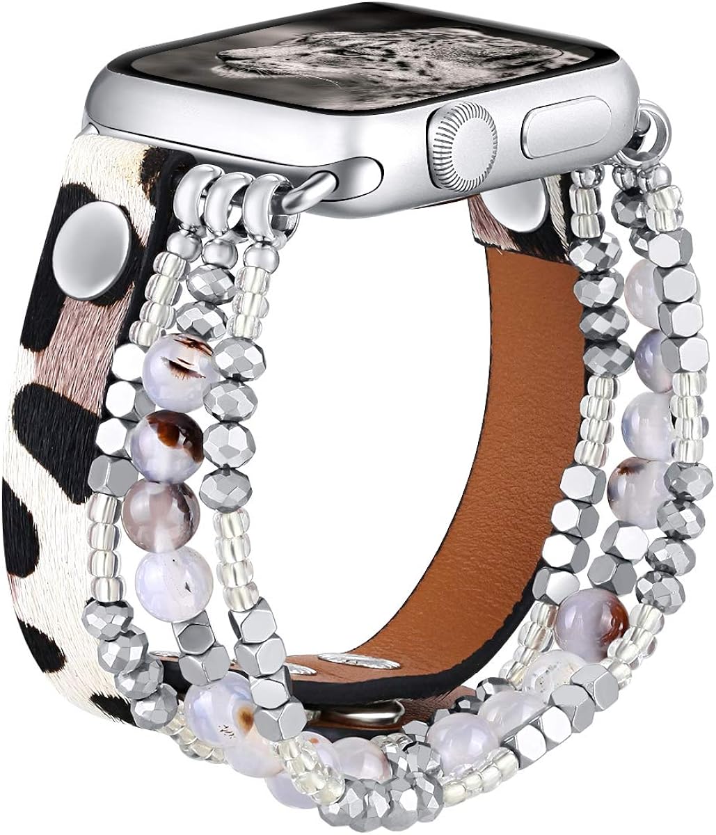 80% оƒƒ Dіѕсоunt Dilando Bracelet Snow Leopard Print Compatible with Apple Watch Bands 42mm/44mm for Women Girl, White Cheetah Print Fur Leather Beaded Strap for iWatch Series 6 SE 5 4 3 2 1（Snow Leopard, 42mm/44mm）