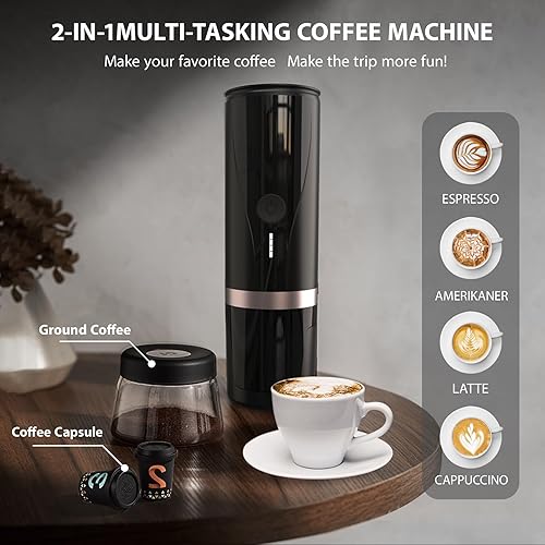 Miniatura 3 de Sobtoe Máquina de café expreso portátil, cafetera eléctrica portátil autocalentable, 20 bares, mini cafetera de coche de 12 V 24 V con cápsulas NS y