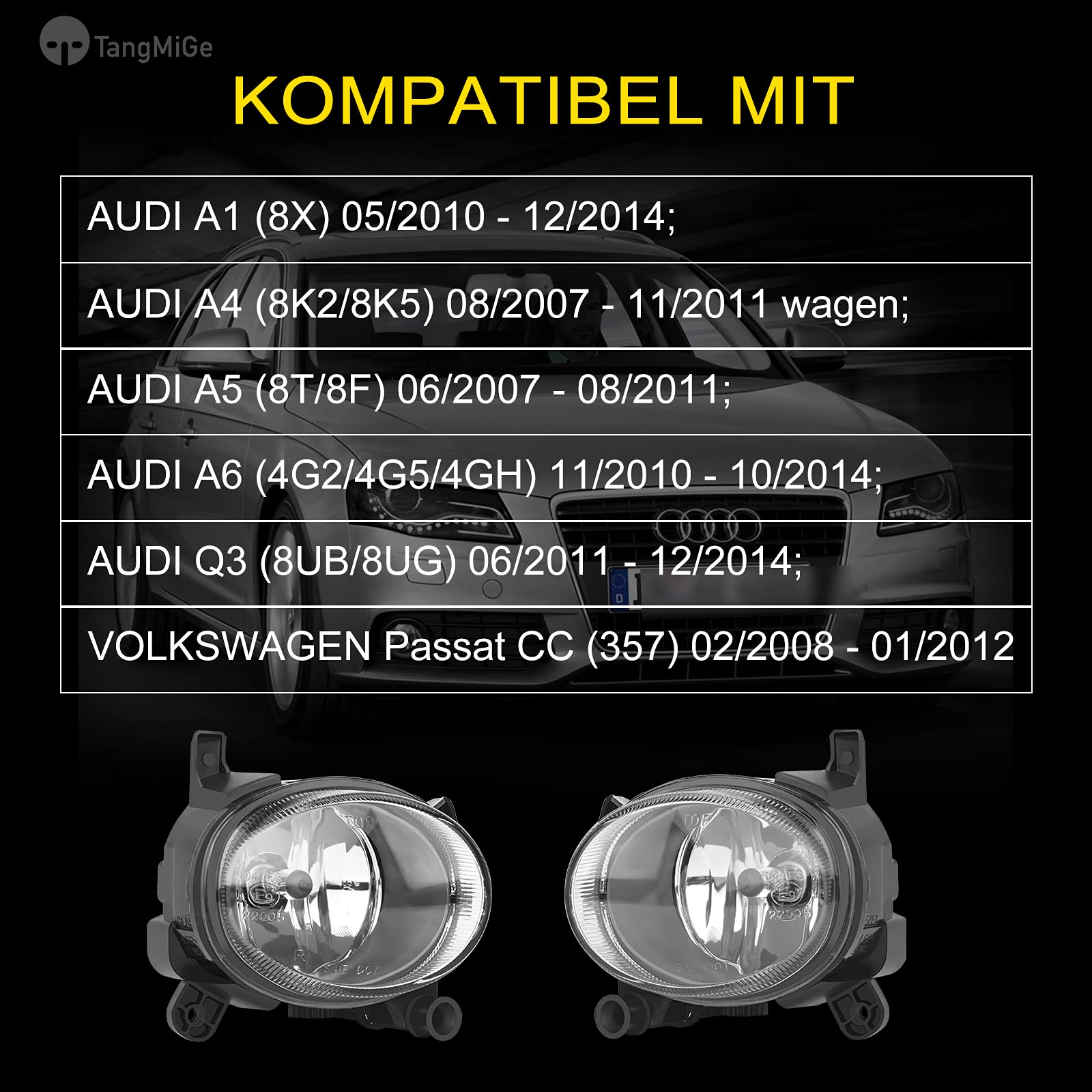 TangMiGe Światła Przeciwmgielne kompatybilny z Audi A1 A5 A6 Q3 A4 Wagen, 8X 8K2 8K5 8T 8F 4G2 4G5 4GH 8UB 8UG, Volkswagen VW Passat CC 357, 06/2007-12/2014