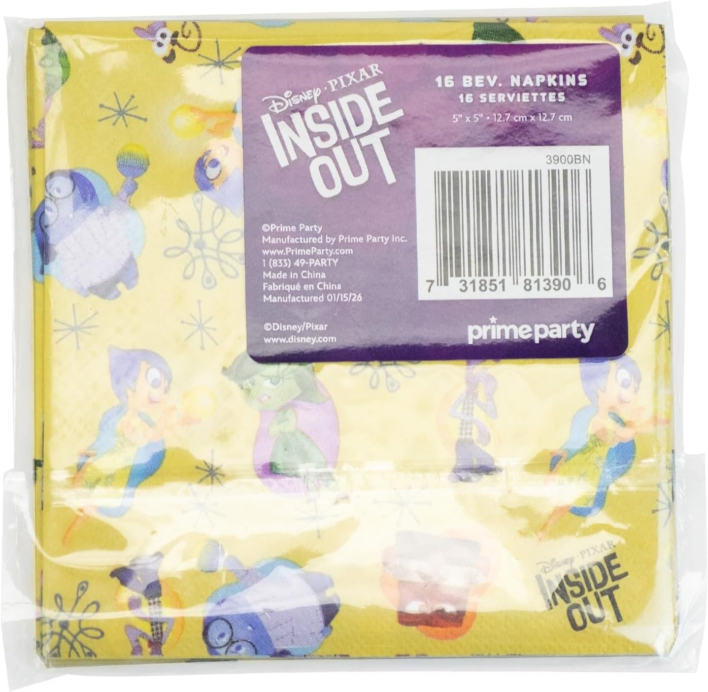 Inside Out Party Napkins - 16 Pack | Premium Disney Pixar Beverage Napkins for Birthday Parties & Celebrations