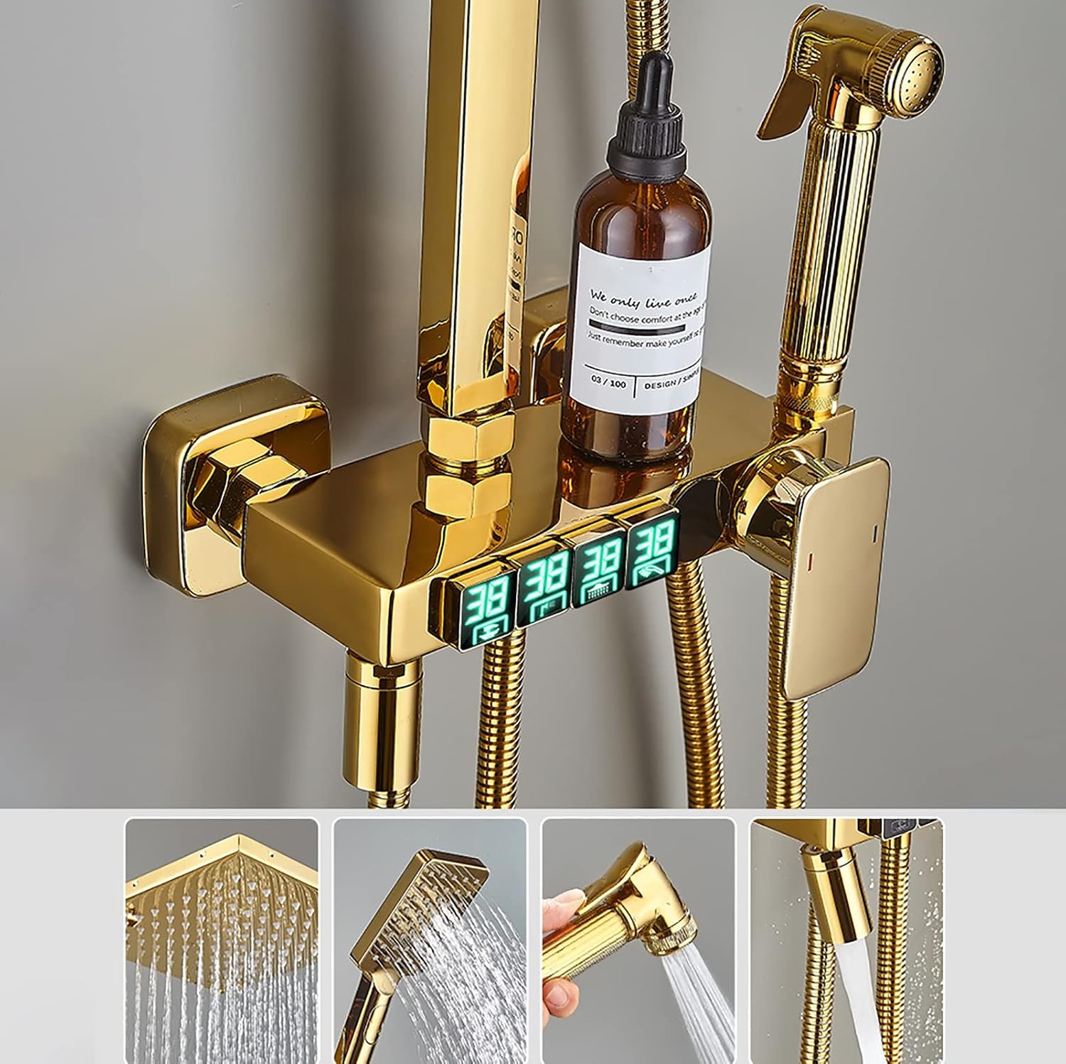 Rain Shower System Gold 8 Inch LED Digital Display Faucet Set Wall Mounted Combo with Head, Tub Spout, 3 Modes Handheld, Bidet Sprayer image 2
